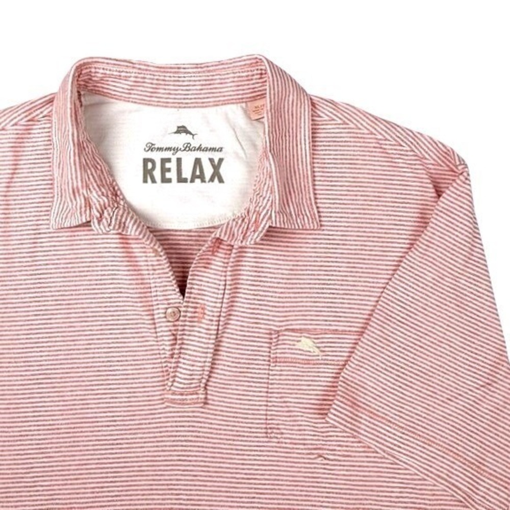 Tommy Bahama Relax Red White Striped Pima Cotton Polo Shirt Pocket Logo Mens XL